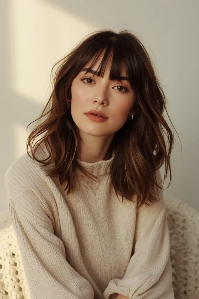 Medium Length Haircuts for Thick Hair 4 3.Medium Shag with Curtain Bangs