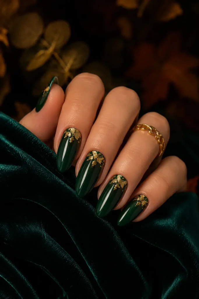 4. Deep Emerald Green Almond Nails with Gold Foil