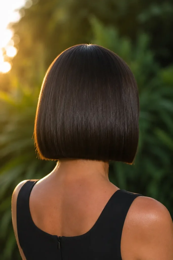 6. Glass Hair Bob with Blunt Fringe