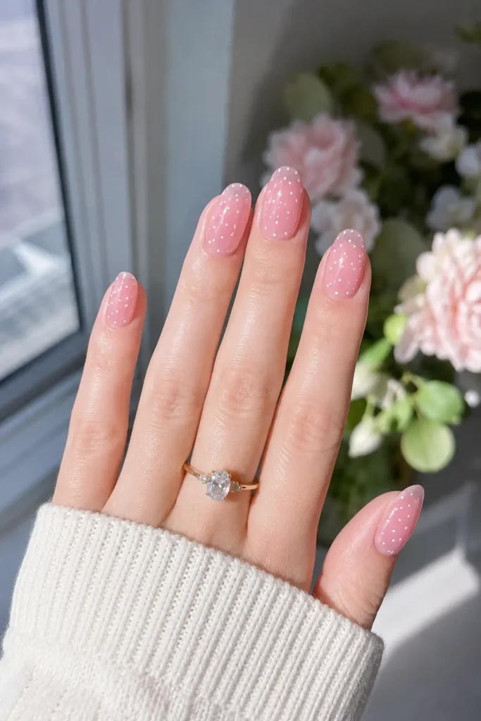 Polka Dot Nails 8 6.Pink Jelly Base with Tiny White Dots