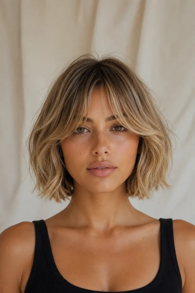 7. Soft Wavy Chin Bob with Curtain Bangs