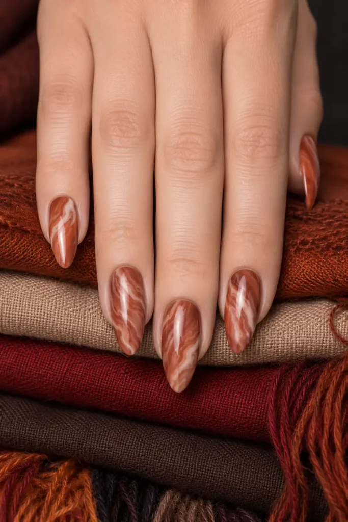 7. Terracotta Swirl Almond Nails