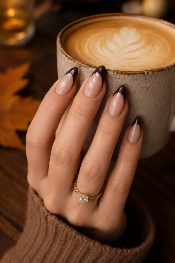 8. Espresso Brown French Tip Almond Nails