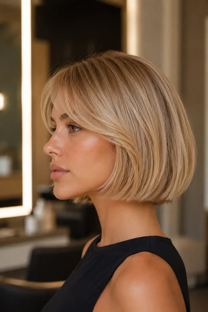 8. Old Money Blonde Chin Bob with Side Bangs