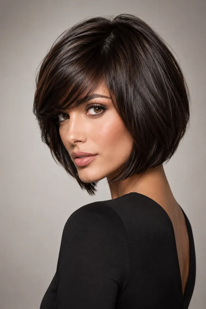 8. Side Swept Stacked Bob with Bangs