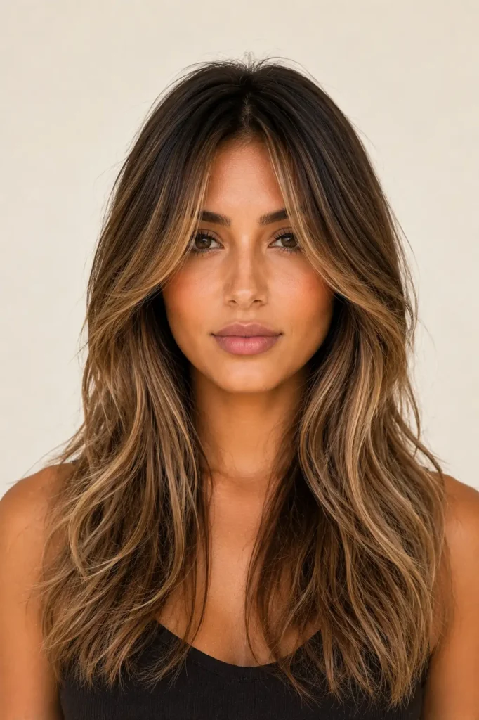9. Caramel and Honey Balayage with Curtain Bangs