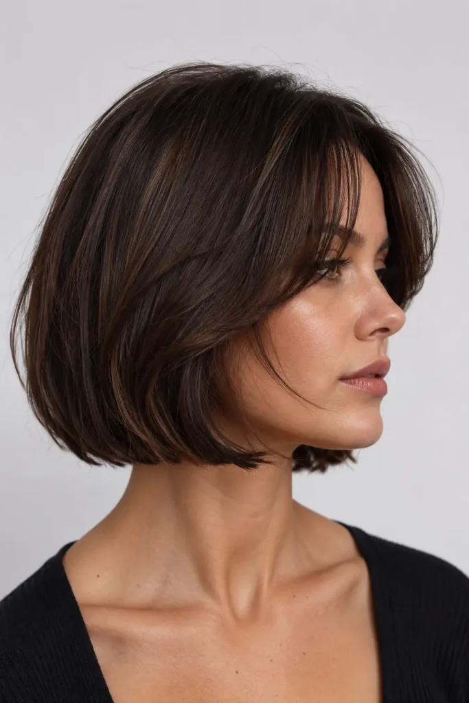 9. Expensive Brunette Bob with Curtain Bangs