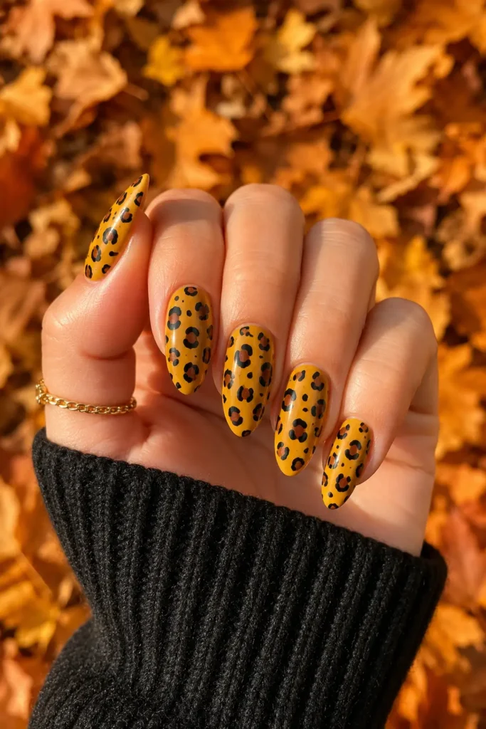 9. Mustard Yellow Almond Nails with Leopard Print