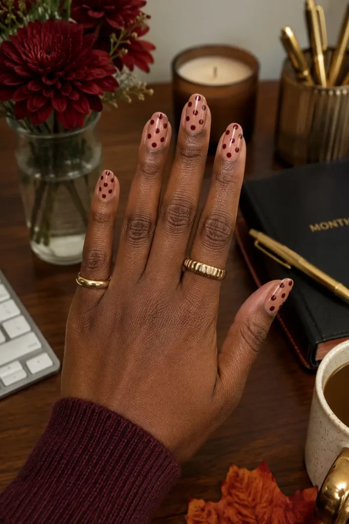 Polka Dot Nails 11 9.Deep Red Dots on Nude Base