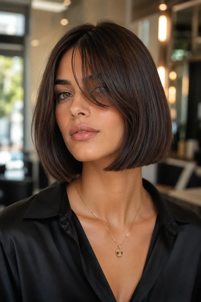 1. Sleek Blunt French Bob with Curtain Bangs