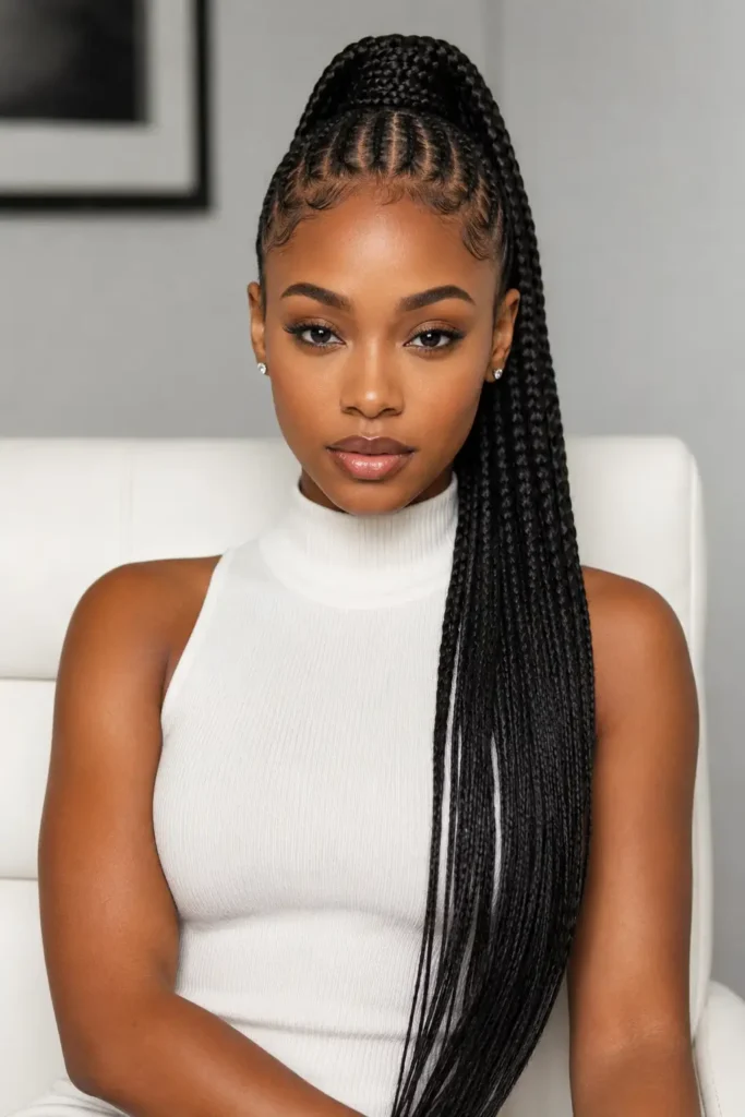 Sleek high braided ponytail hairstyle with smooth edges and long flowing tail