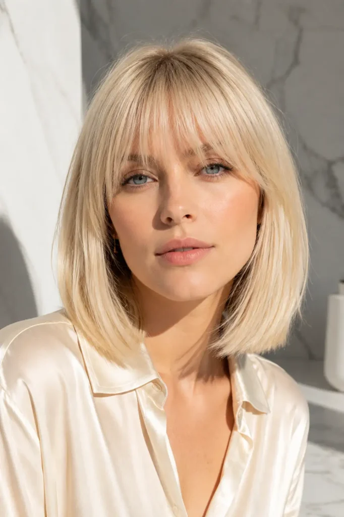 Shoulder Length Hairstyles With Bangs for Thin Fine Hair 3 1. Soft Wispy Fringe With a Blunt Collarbone Cut