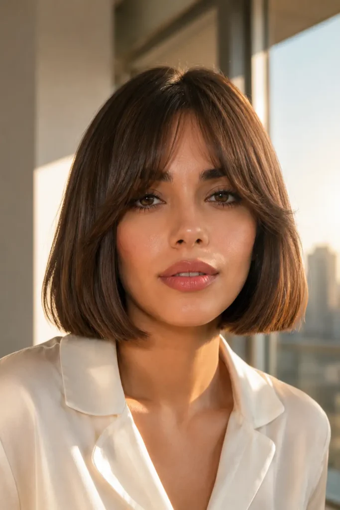 10. Chin Length Blunt Bob with Curtain Bangs