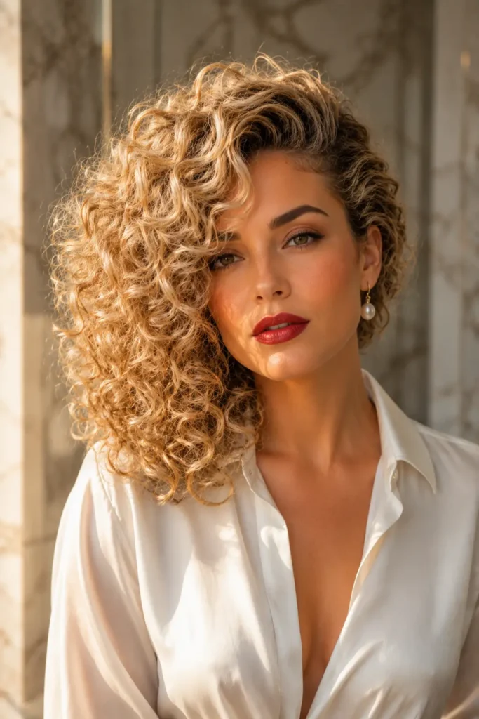 10. Voluminous Curly Bob with Deep Side Part