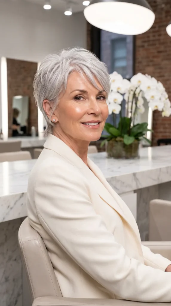 Short Shag Haircuts for Women Over 60 12 10 Prompt 10 Silver Pixie Short Shag Haircuts A strik Woman with silver pixie shag 202607070818