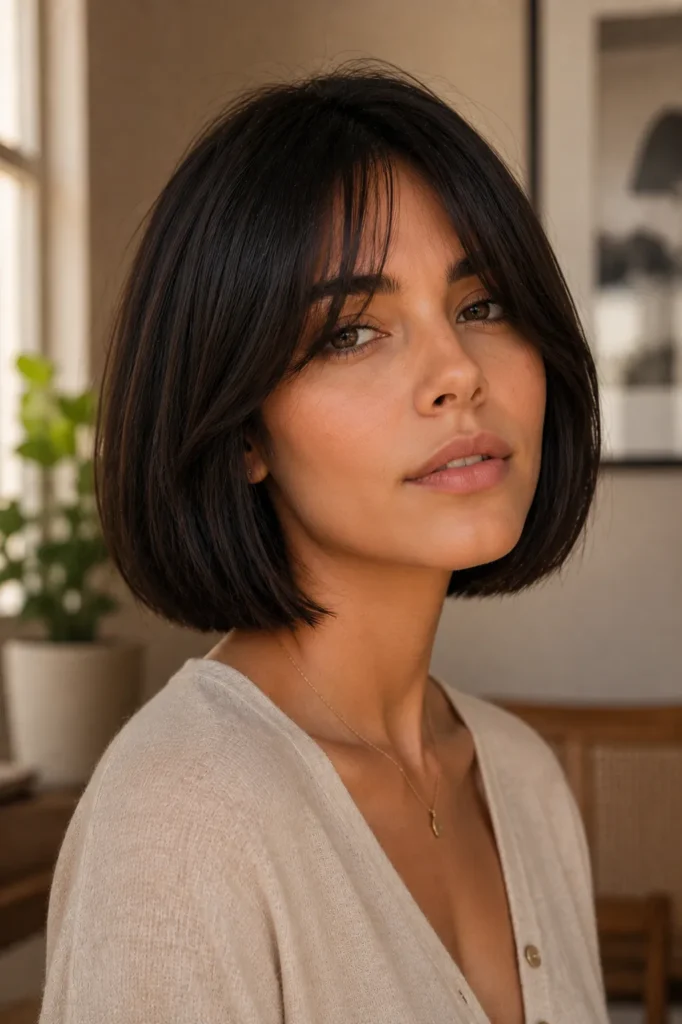 Short Bob Hairstyles for Dark Thin Fine Hair 13 11. The Blunt Bob with Curtain Bangs