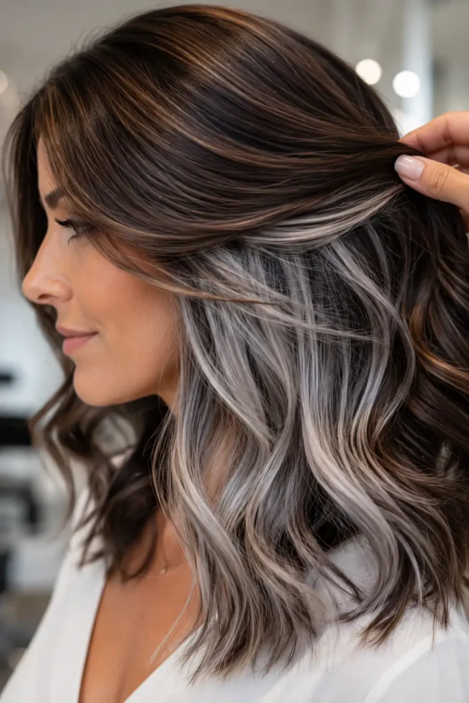 12. Caramel and Silver Mixed Highlights on Brown Hair