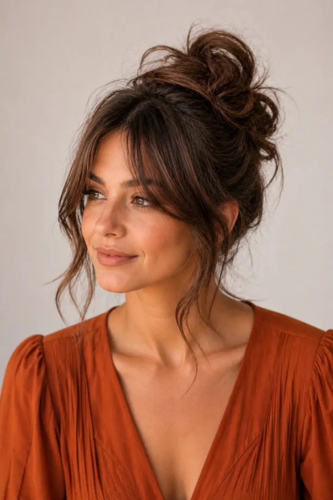 12. Messy bun with curtain bangs
