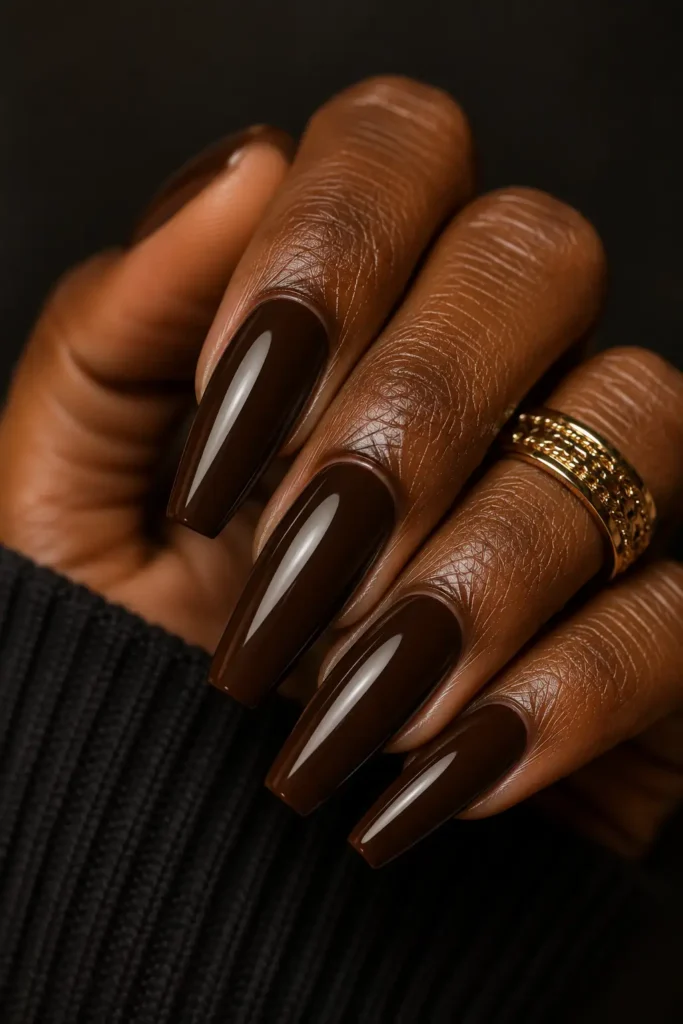 13. Chocolate brown on long coffin nails