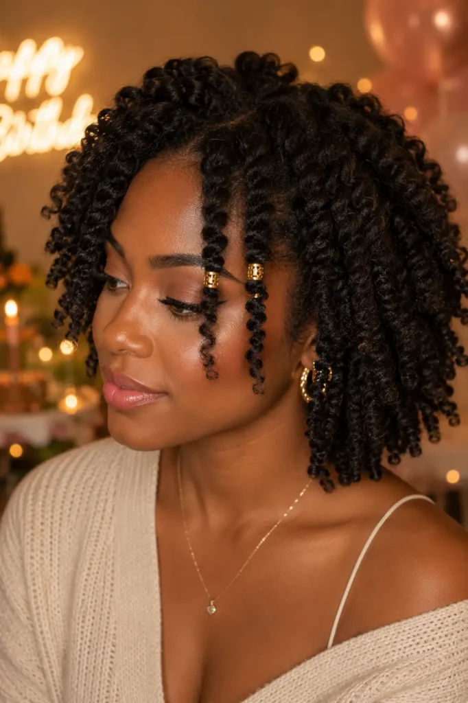 13. Defined twist out with gold cuffs