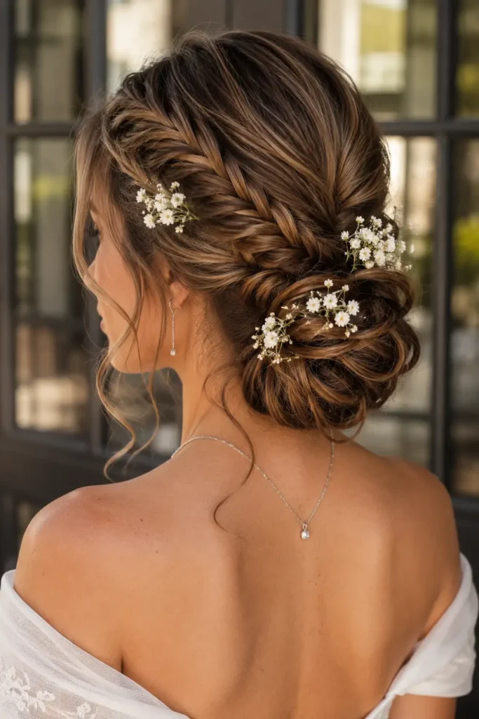 14 Romantic Fishtail Braided Low Chignon with Babys Breath