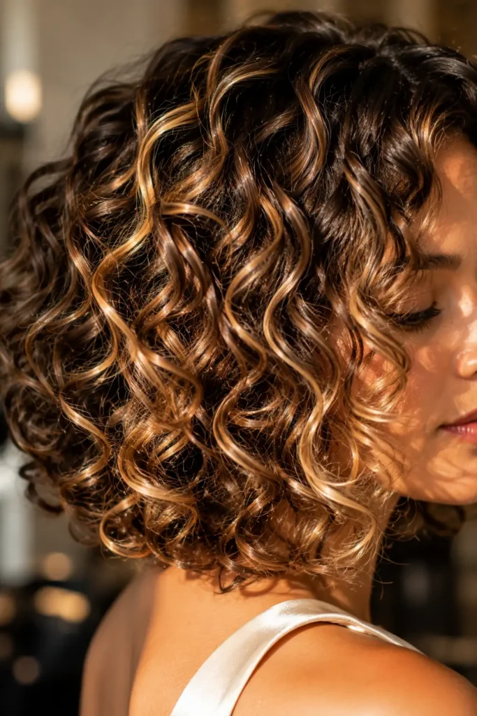 14. Curly Bob with Highlights and Dimension