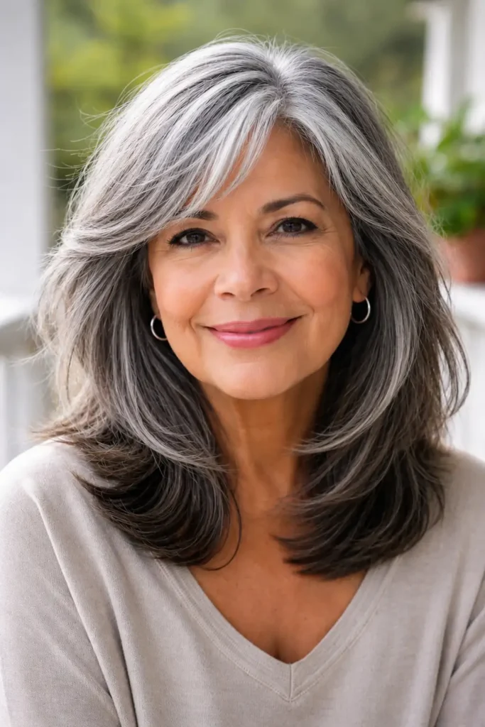 14. Mature Silver Gray Layered Hair