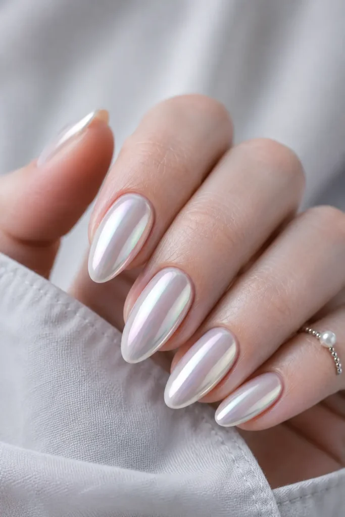 14. Pearl chrome on almond nails
