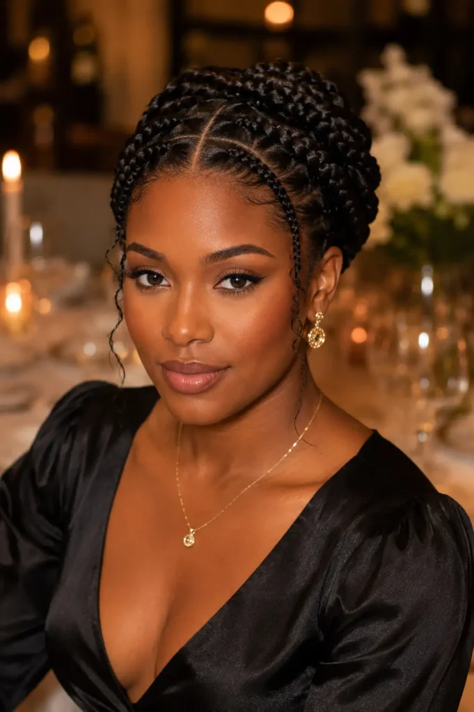 15. Braided updo with a middle part