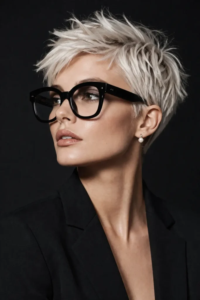 Hairstyles for Thin Fine Hair With Glasses 17 15. Platinum pixie with bold black frames