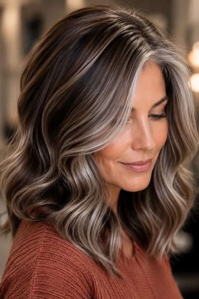 15. Silver Highlights on a Dark Brown Pixie Cut