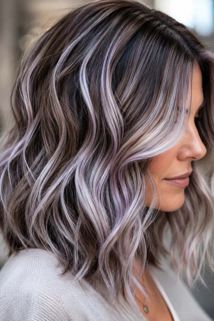 16. Brown Hair with Silver and Violet Toned Highlights