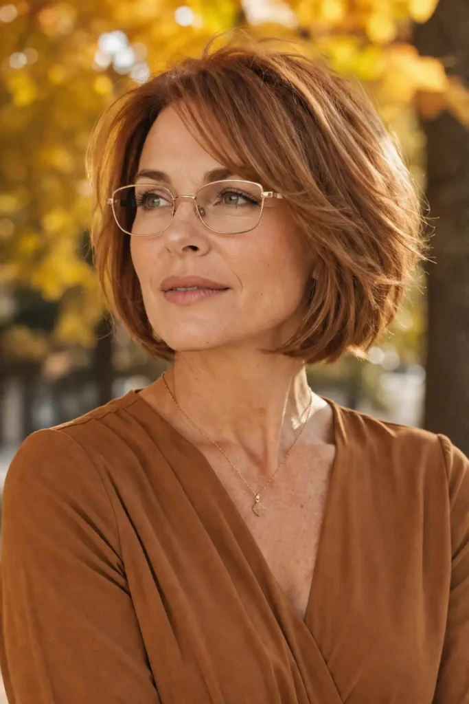 Hairstyles for Thin Fine Hair With Glasses 18 16. Copper feathered chin bob with champagne frames