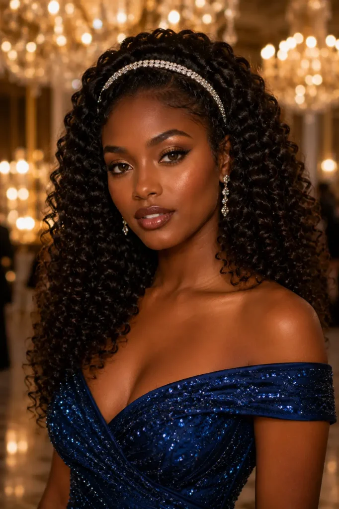 16. Defined Curls with Rhinestone Headband