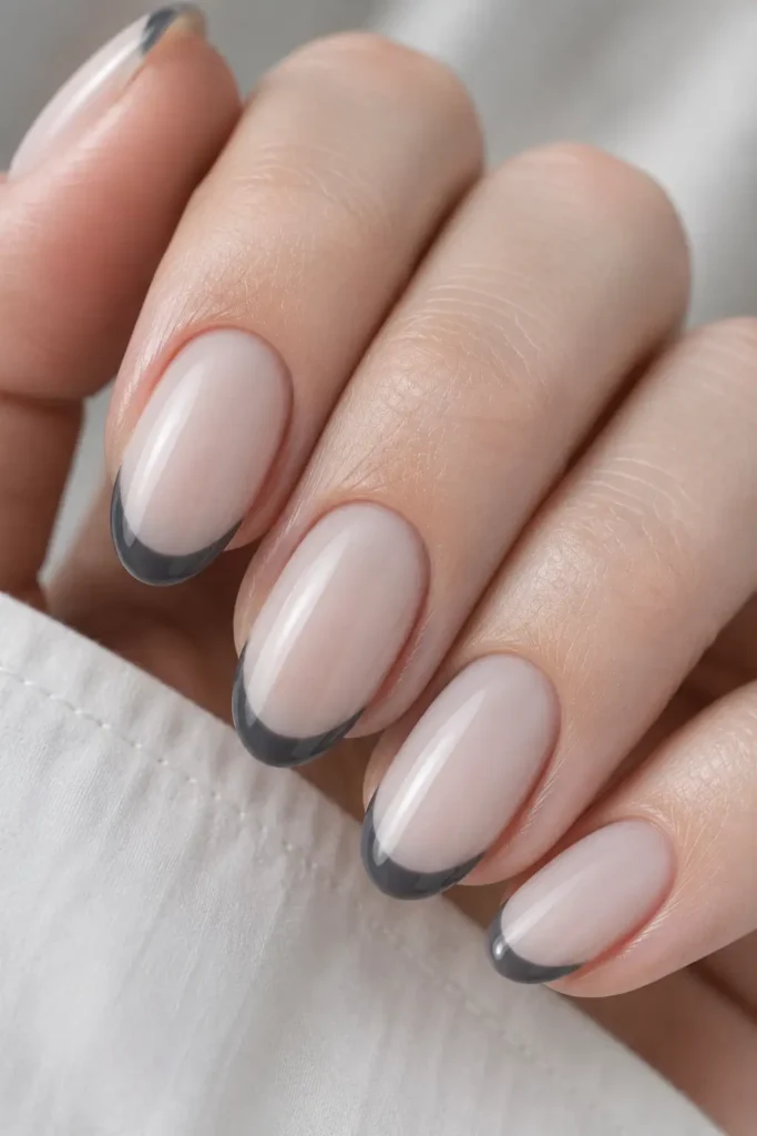 16. Smoky grey French tip on oval nails