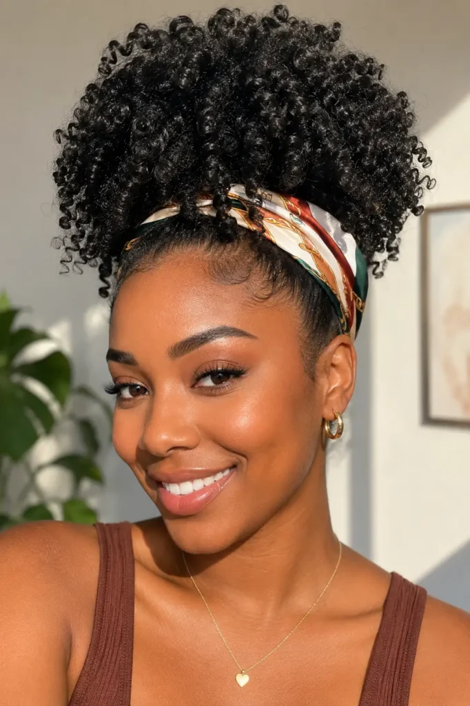 16. Wash and go puff with a silk headband