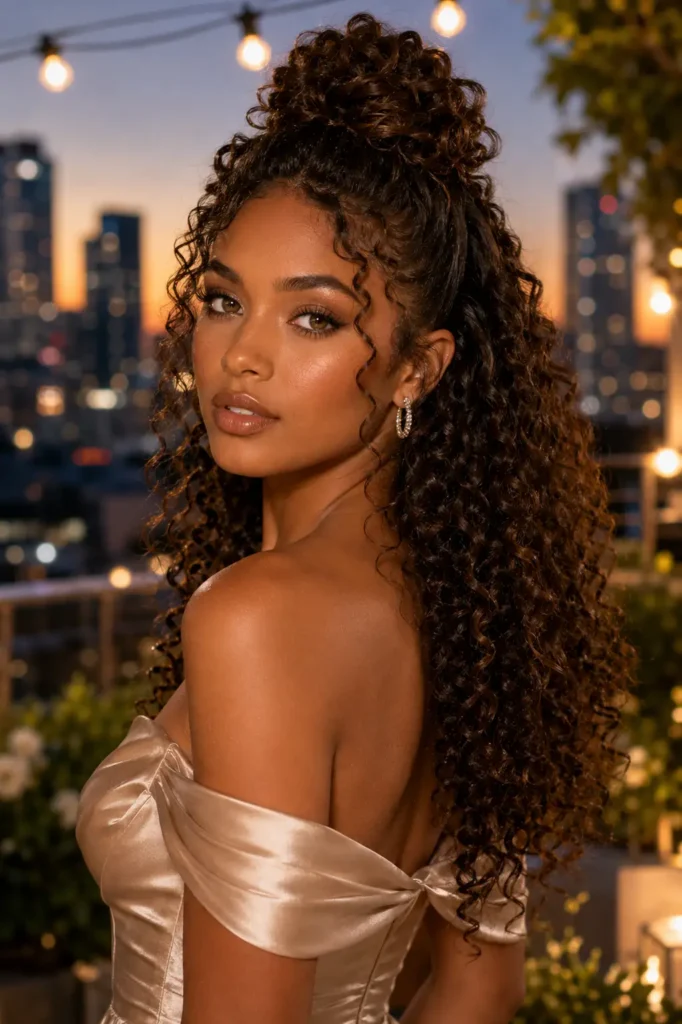 17. Curly Half Up Top Knot
