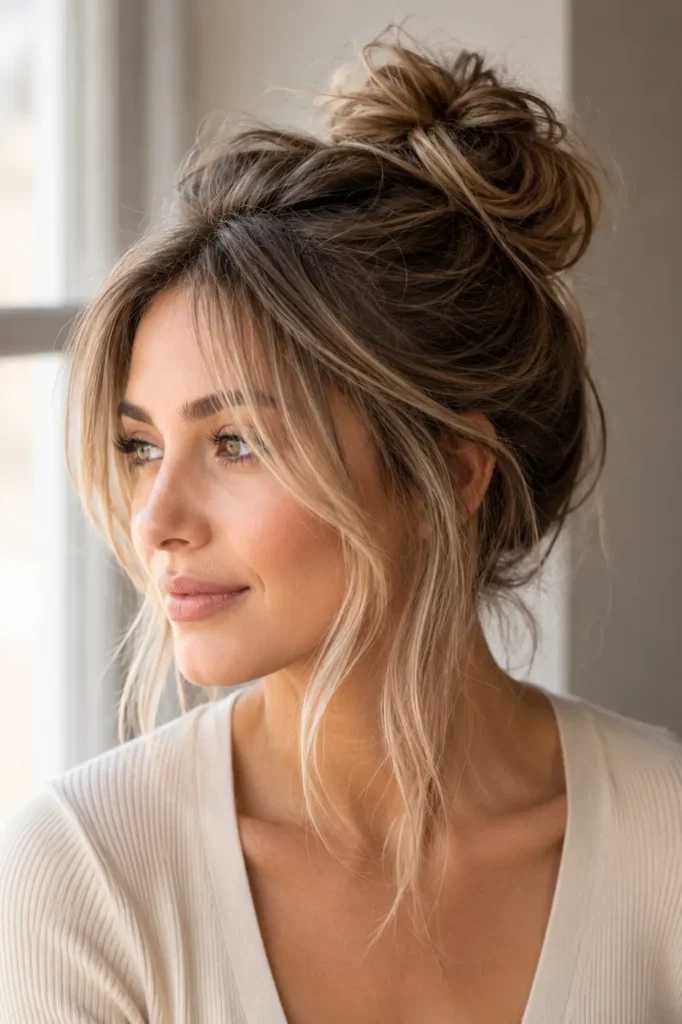 17. Messy bun with face framing layers