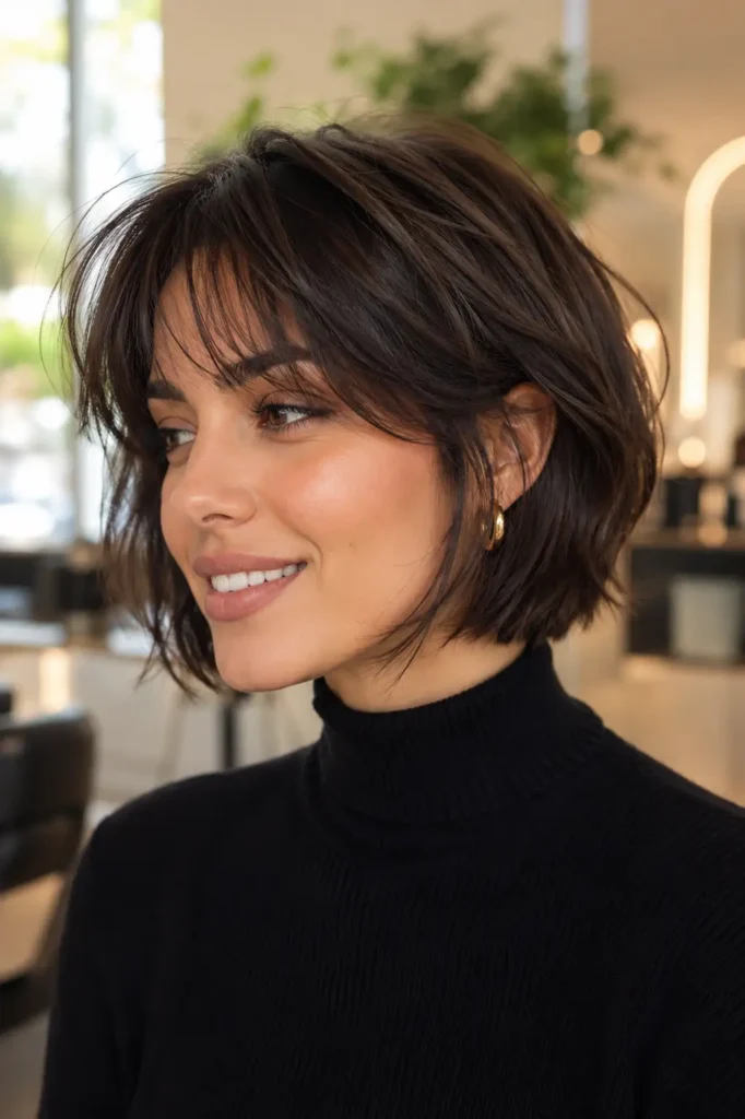 17. Textured Brunette French Bob with Wispy Fringe and Feathered Layers