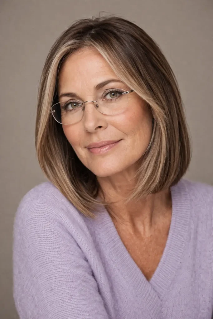 Hairstyles for Thin Fine Hair With Glasses 20 18. Blunt lob with face framing balayage and half rimless glasses