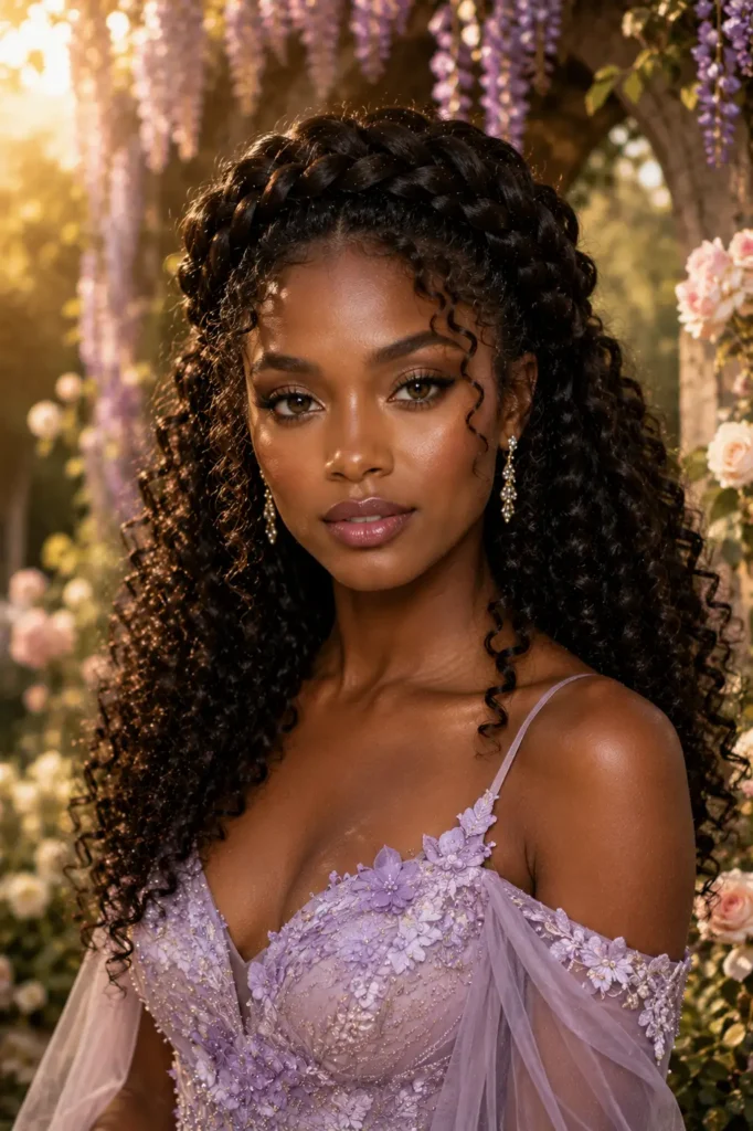 18. Braided Halo with Natural Curls Down