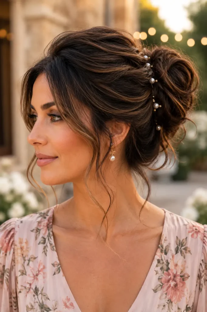 18. Messy bun for wedding guests