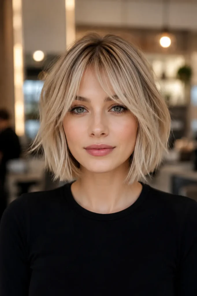 19. Soft Blonde Textured French Bob with Wispy Curtain Bangs