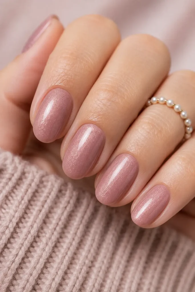 19. Soft shimmer manicure on medium oval nails
