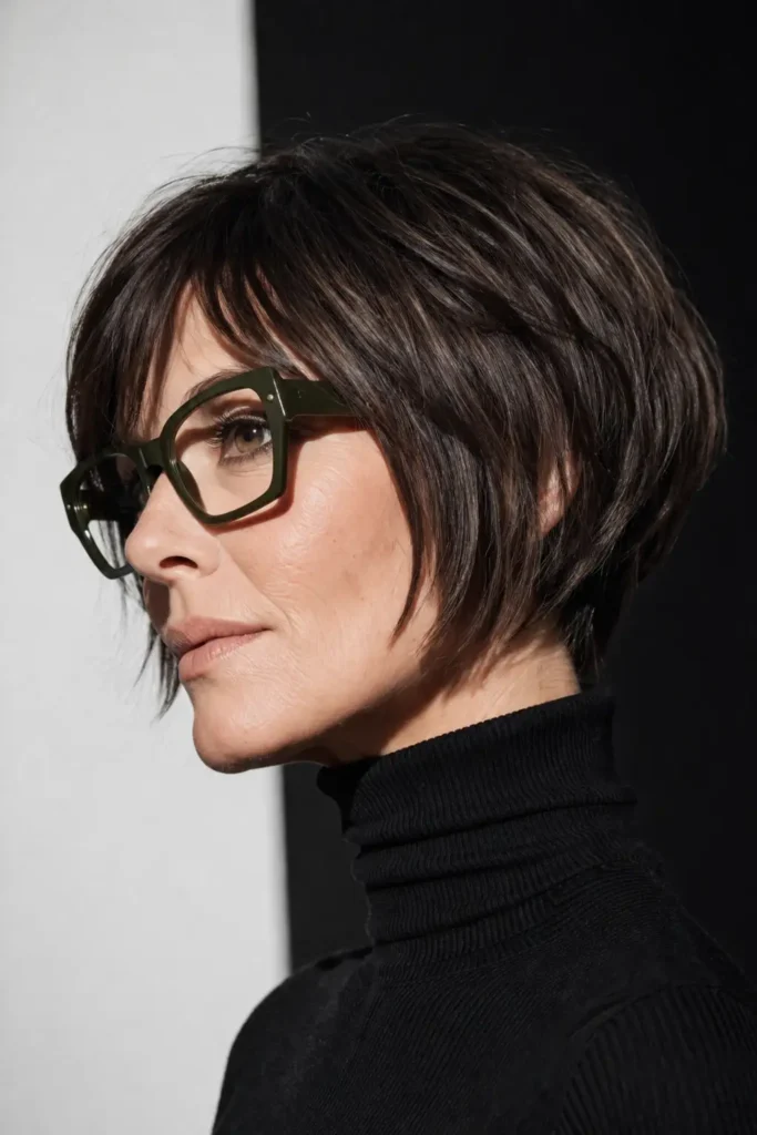 Hairstyles for Thin Fine Hair With Glasses 21 19. Stacked bob in espresso with geometric frames