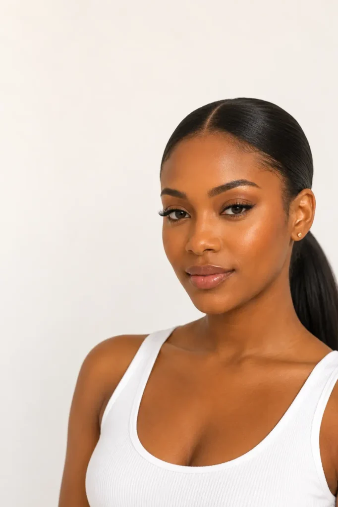 19.Sleek middle part ponytai