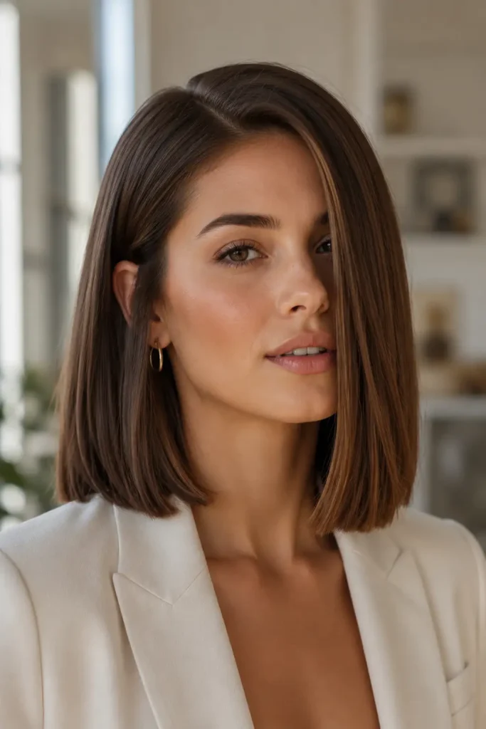 2. Blunt Shoulder Length Bob with Side Part
