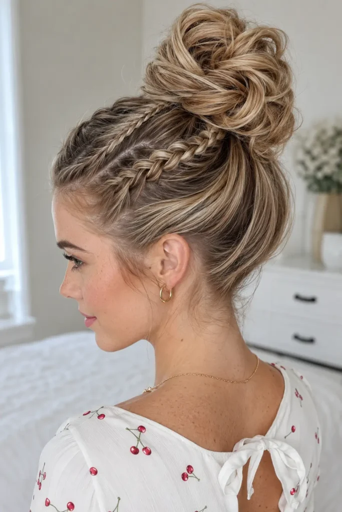 20 Braided High Messy Bun Hairstyle