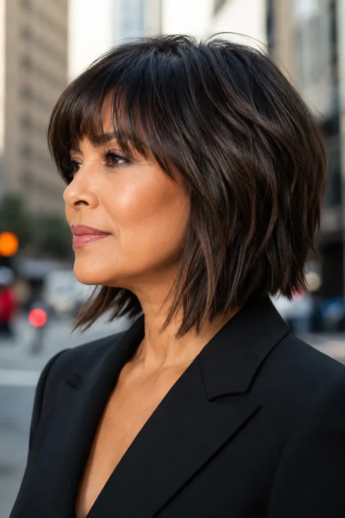 20. Medium choppy bob for thick hair with bangs