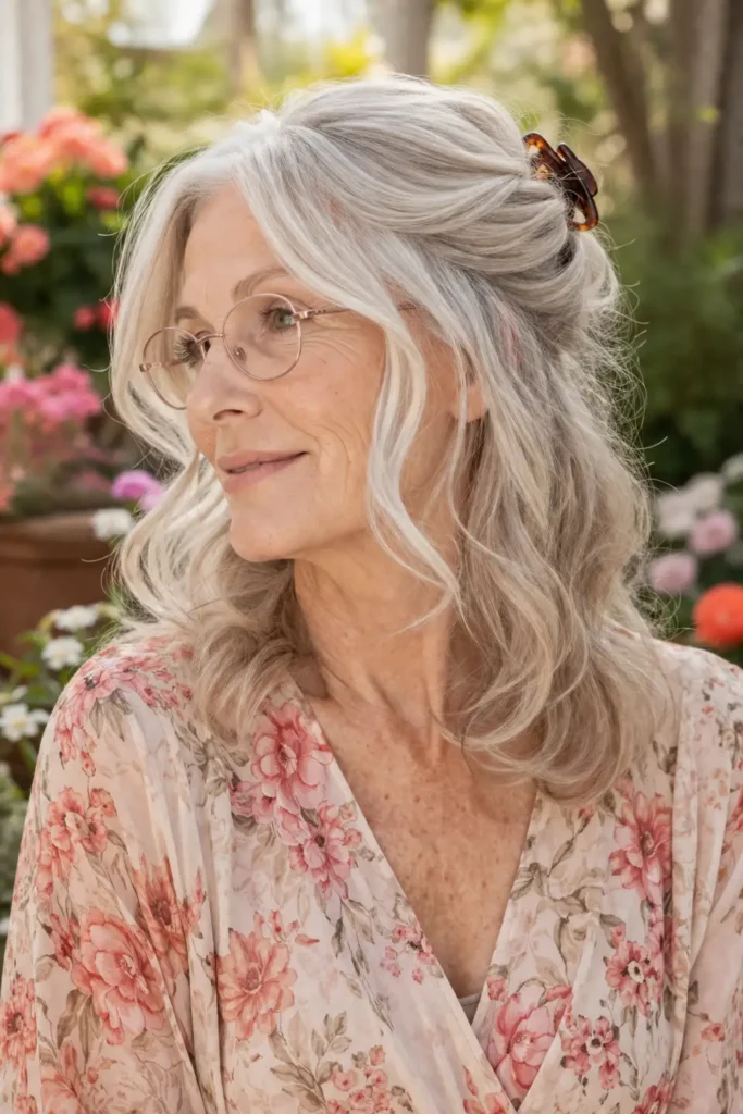 Hairstyles for Thin Fine Hair With Glasses 22 20. Silver half up waves with blush oval glasses